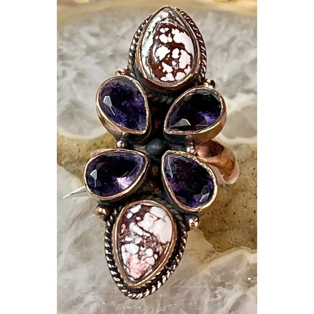 Wild Horse Turquoise Amethyst Copper Cluster SW Statement Ring Adj Sz Handmade